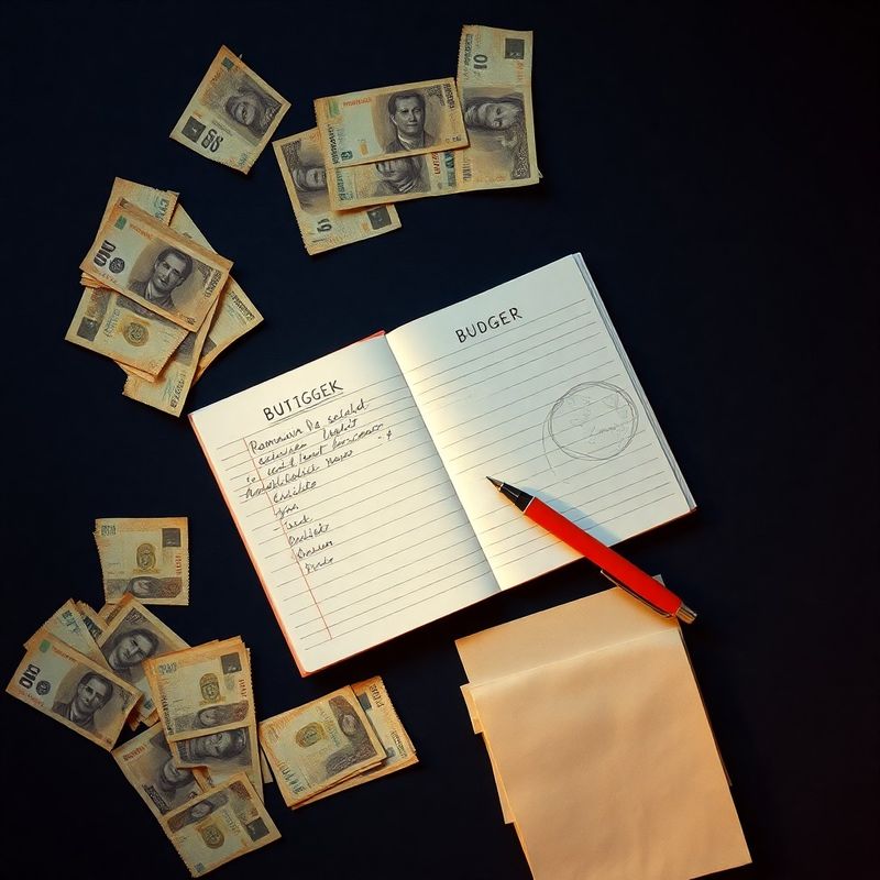 Bancnote românești și un caiet de buget pe un birou albastru închis